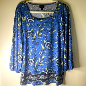 JM Collection floral lace top sz large square neck long sleeves cottagecore blue